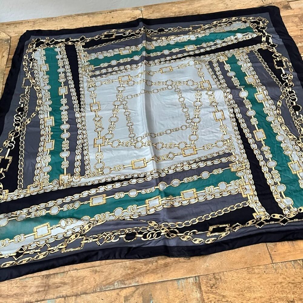 Tarnish 100% Silk Square Scarf 33" X 33" Gold Chain Motif Made In Italy